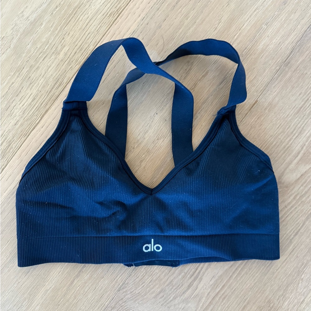 ALO Yoga Navy Blue Ribbed Sports Bra